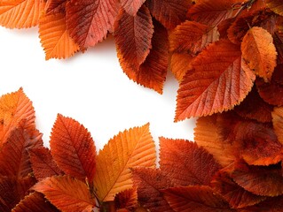Wall Mural - An autumn frame filled with vibrant red and orange elm leaves lying on a white surface background beautifully