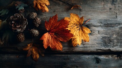 Wall Mural - Autumnal maple leaves and pine cones are scattered beautifully on rustic dark wooden surface above table view.