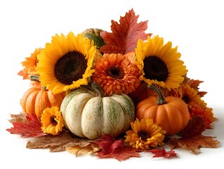Wall Mural - An autumn display features sunflowers, colorful pumpkins, vibrant leaves on an isolated white background.