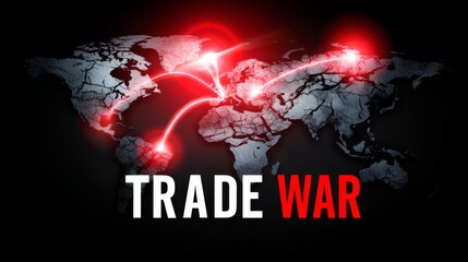 Poster - Infographic Style World Map with Glowing Red Lines Highlighting Trade War Connections Across Continents