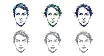 Fototapete - Six stylized portraits of a person with different color palettes on a white background arranged in rows