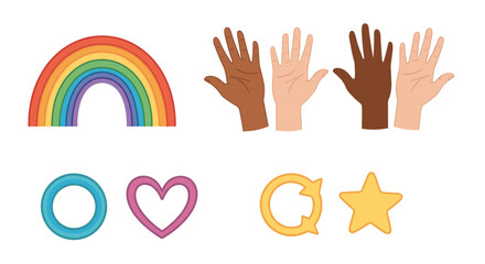 Poster - Illustration of a rainbow, diverse hands, an oval, heart, recycle symbol, and a star shape design