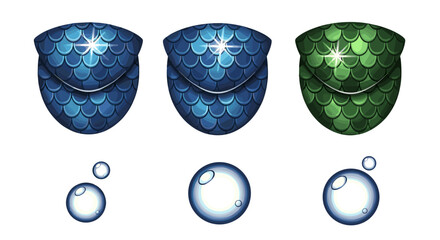 Poster - Illustration of three dragon scale armor pieces and three water droplets on a white background art design
