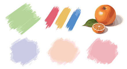 Poster - Illustration of brush strokes in various colors with oranges and orange slices on a white background