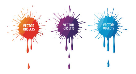 Poster - Three vector ink splatters in orange purple and blue with dripping paint and text vector objects
