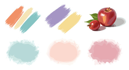 Poster - Illustration featuring color swatches, apples, and watercolor circles on a white background surface area