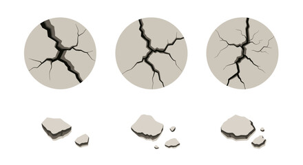 Poster - Three cracked oval shapes with debris showing stages of damage and breakage on a white background