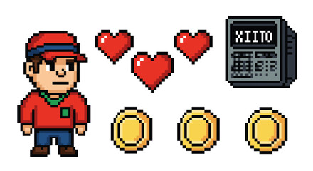 Poster - Pixelated game character with hearts coins and a calculator in an style of bit graphics design