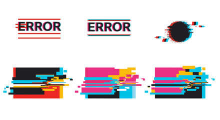 Poster - Illustration showing error messages and glitch effects with distorted shapes and vibrant color palettes present