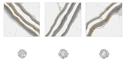 Poster - Three marble panels with gray and gold veins above three teardrop shaped crystal pendants aligned below