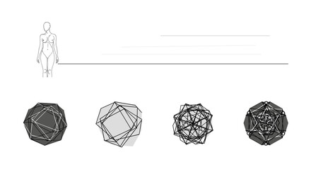 Poster - Illustration showing a female figure, lines, and four geometric shapes with varying complexity on white