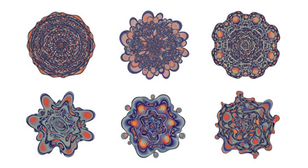 Poster - Six abstract colorful organic shapes with intricate patterns arranged on a white background view