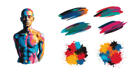 Poster - Colorful artistic depiction of a male torso with paint strokes and splatters on a white background