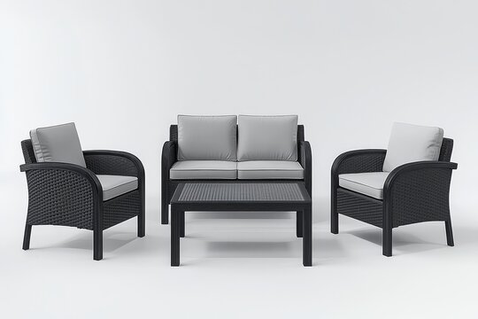 Simple black outdoor sofa set with three single chairs and coffee table, light gray cushions, soft colors on white background, high-resolution 3D rendering