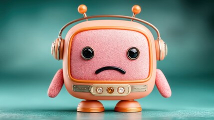 Poster - Pink robot wearing headphones representing a modern approach to analyzing cryptocurrency sentiments and trends