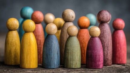 Poster - Group of diverse wooden people figurines symbolizing inclusion and representation in boardroom discussions and decision-making