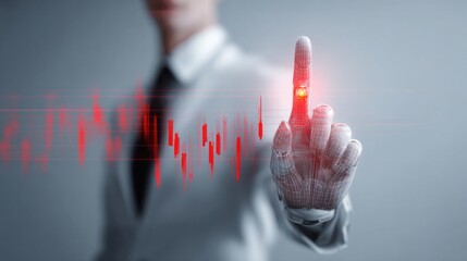 Poster - Man in suit pointing at red line illustrating business ai alert system concept with focus on market trends and insights