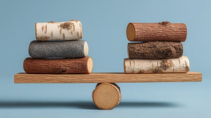 Poster - Wooden bench surrounded by a stack of cork representing carbon offset comparison concept in a visual display