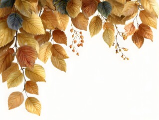 Wall Mural - Autumnal leaves gracefully cascade in a corner arrangement against a clean white s, highlighting fall color.