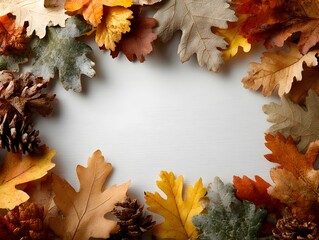 Wall Mural - Autumn leaves and pinecones form a decorative border around a white background for seasonal promotions.