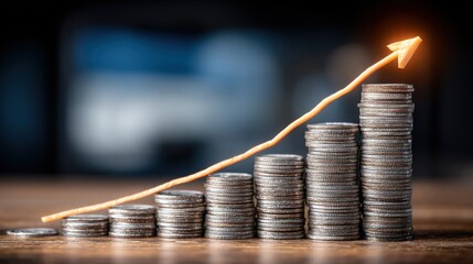 Poster - Stack of coins surrounded by lit arrow signifying growth potential in sustainable investments and clean economy