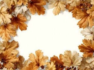 Wall Mural - Golden and beige autumn leaves create a beautiful frame on a white background with space for copy text.