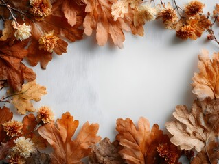 Wall Mural - Golden autumn leaves and flowers beautifully frame a blank white s, creating a seasonal background.