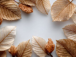 Wall Mural - Elegant arrangement of dried autumn leaves and seed pods creates a delicate natural frame on white background.