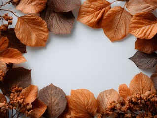Wall Mural - Autumn leaves of orange, brown, and burgundy tones form a natural frame around a blank white background.