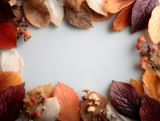 Wall Mural - Frame of colorful autumn leaves and dried flowers create a vibrant border around a neutral background space.