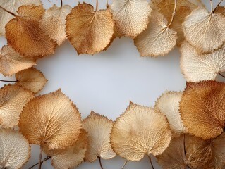 Wall Mural - An arrangement of dried hydrangea leaves creates a delicate border on a pale white background indoors.