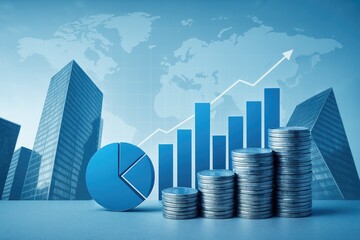 Poster - Blue finance growth visualization with skyscrapers and coins image