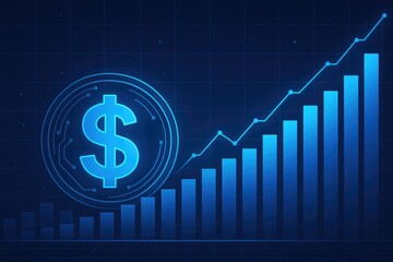 Poster - Blue digital currency growth chart with ascending bars and line graph finance