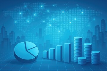 Poster - Blue financial charts and global map graphs pie chart