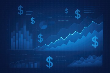 Poster - Blue financial charts with dollar symbols and rising graph infographic graphs