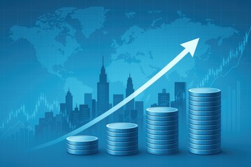 Poster - Blue financial growth with coins and city skyline stacks