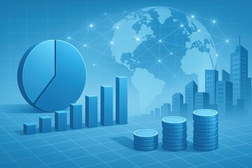 Poster - Blue global finance growth chart with coins and cityscape pie chart