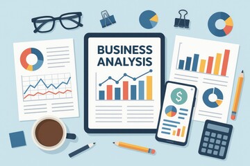 Poster - Business analysis documents and devices charts graphs