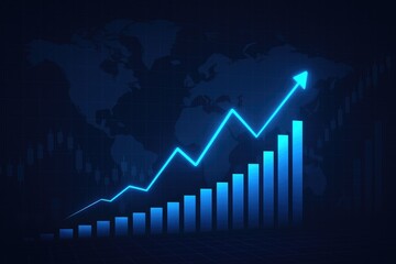 Poster - Blue upward trending graph with global map background chart growth