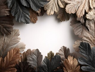 Wall Mural - Decorative autumn leaves in neutral tones create a blank oval frame with central copy space for text here.