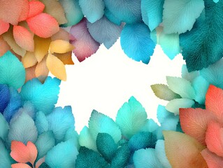 Wall Mural - Colorful leaves in shades of blues, pinks, yellows, and oranges are arranged in a frame on white background.