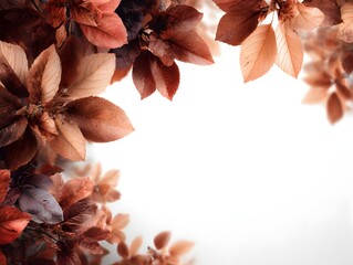 Wall Mural - A composition of coppery autumnal leaves creates a delicate border against a stark white background space.