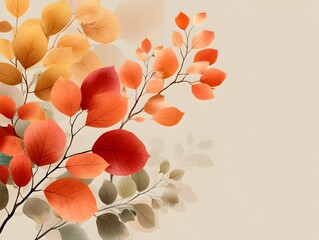 Wall Mural - Autumn leaves display vibrant colors of orange, red, and yellow on branches against a neutral beige backdrop.