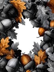 Wall Mural - Vintage autumn frame with acorns and oak leaves in neutral tones with selective amber color illustration.