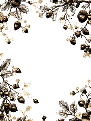 Wall Mural - Detailed botanical illustration of oak branches with acorns forms a decorative border on white background.