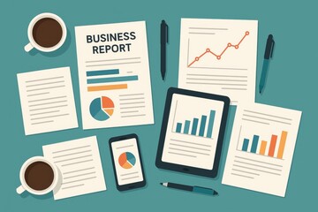Poster - Business reports graphs charts coffee pens tablet phone coffee cups