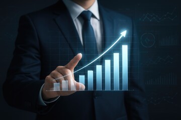 Poster - Businessman pointing at glowing upward trend bar graph suit finger