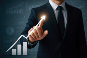 Poster - Businessman pointing at upward trending arrow and bar chart suit white shirt
