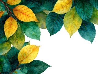 Wall Mural - Vivid watercolor painting depicts lush autumn foliage with vibrant green and golden yellow leaves pattern edge.