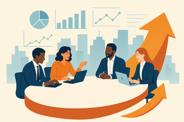 Poster - Diverse professionals collaborating around a table with upward trending charts and city skyline